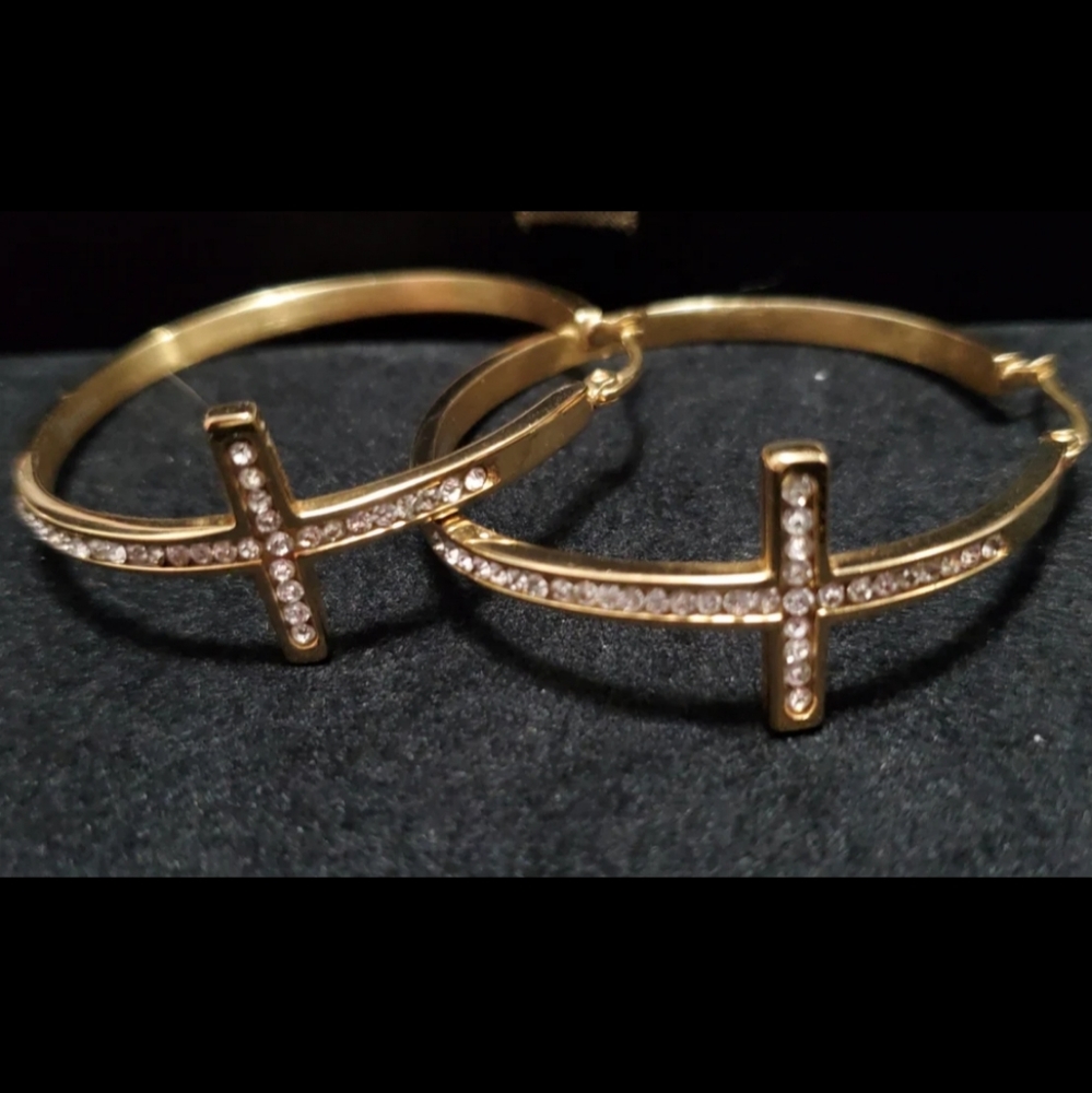 Beautiful 18k Gold over Stainless Steel cz cross hoop earrings